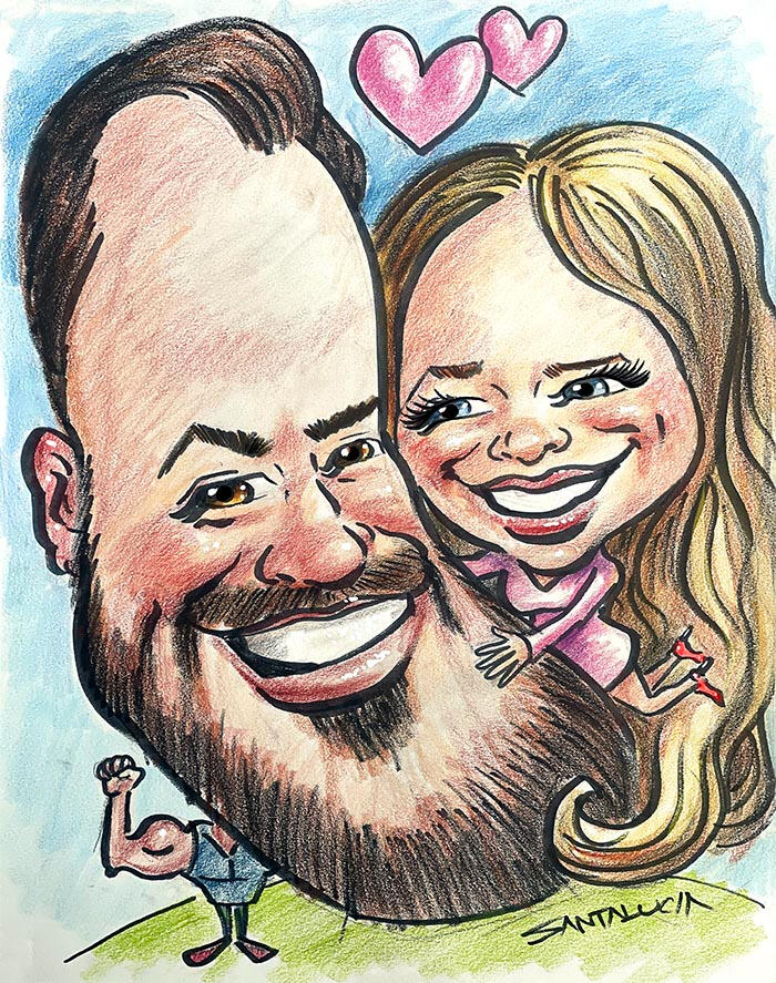 Caricature exagérée ludique d’un couple amoureux, dessinée en direct avec des traits expressifs audacieux, capturant leur complicité comme souvenir amusant pour mariages et événements à Montréal Caricature exagérée d’un couple amoureux souriant, dessinée en direct avec des traits audacieux, capturant leur complicité dans une scène festive de mariage ou d’événement