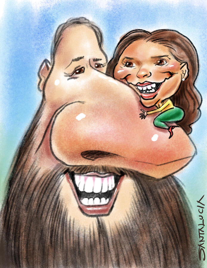 Artiste caricaturiste en direct à Montréal spécialisé en caricatures exagérées et amusantes pour événements fêtes divertissement corporatif mariages caricaturiste au Québec Caricature exagérée et amusante d’un couple avec un gag de nez surdimensionné dessinée en direct lors d’un événement